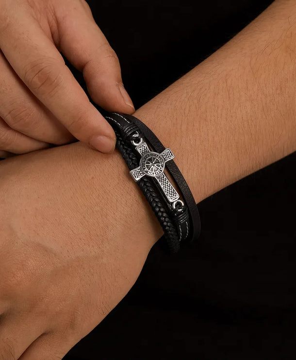 Brazalete de cruz tejido de acero inoxidable 304 para hombre