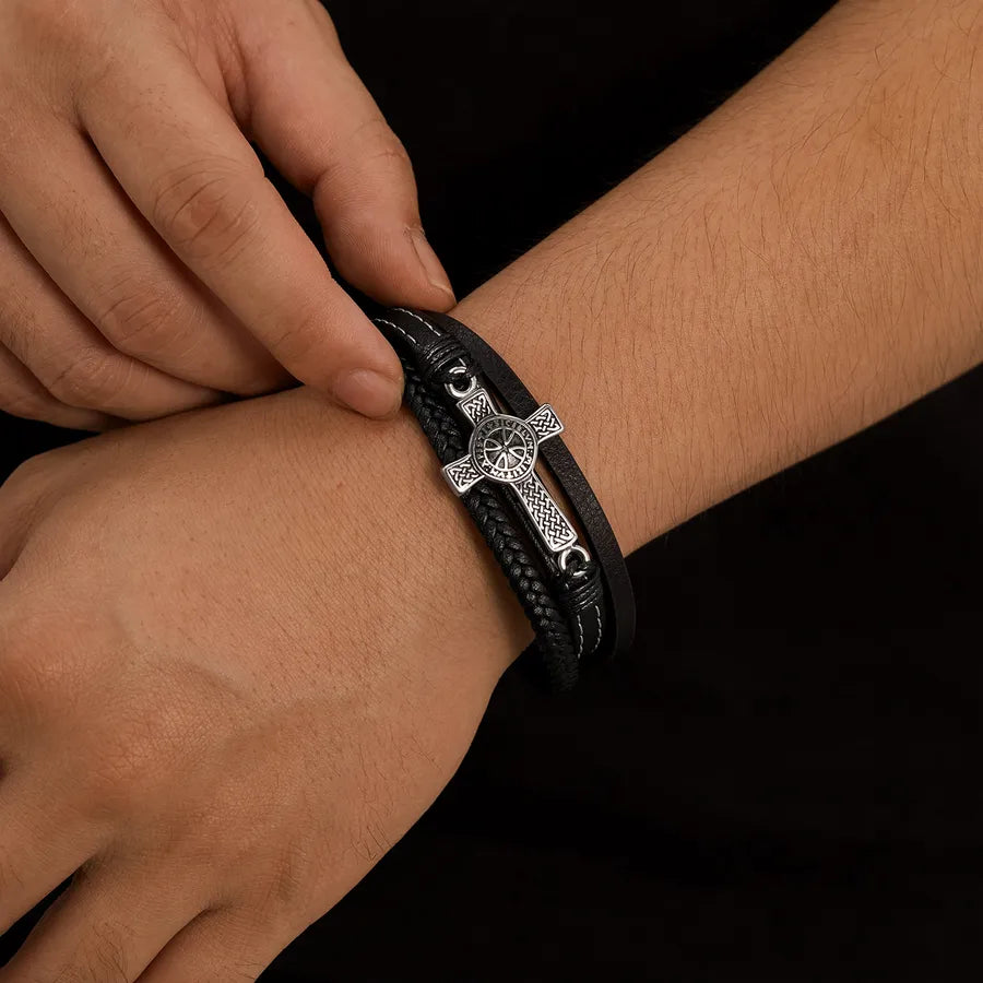 Brazalete de cruz tejido de acero inoxidable 304 para hombre