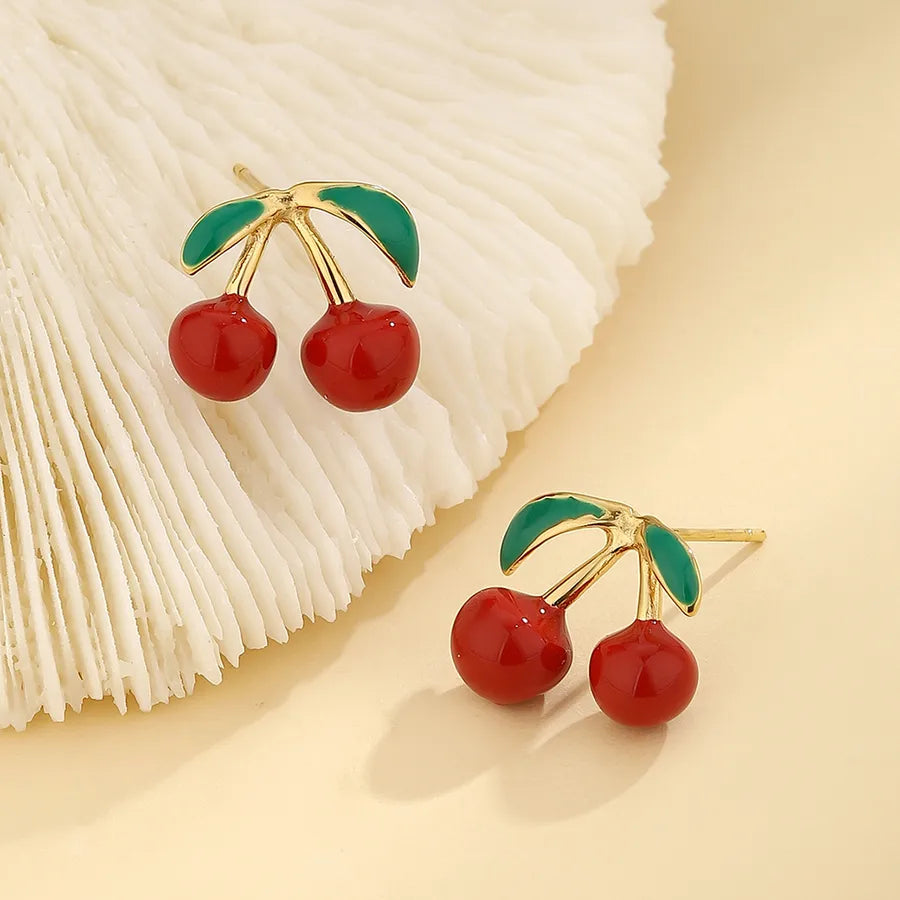 Aretes de cerezas asimétricos con baño de oro 14K para mujer - imagen 2