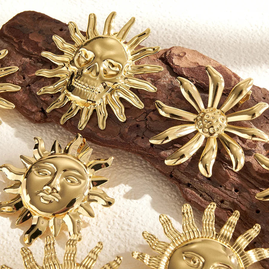 Aretes de botón de acero 201 con diseño de girasol, acabado pulido - imagen 2