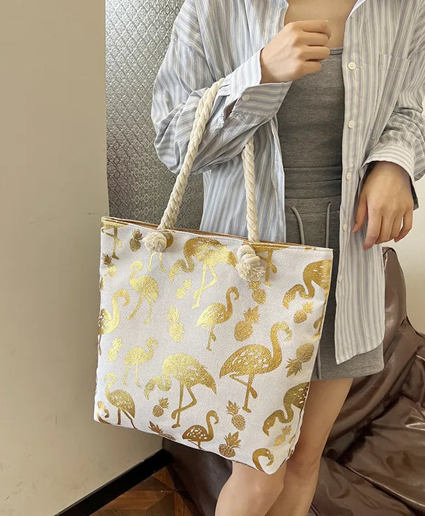 Bolso tote grande de lona con estampado de hojas, lunares y flamencos - imagen 9