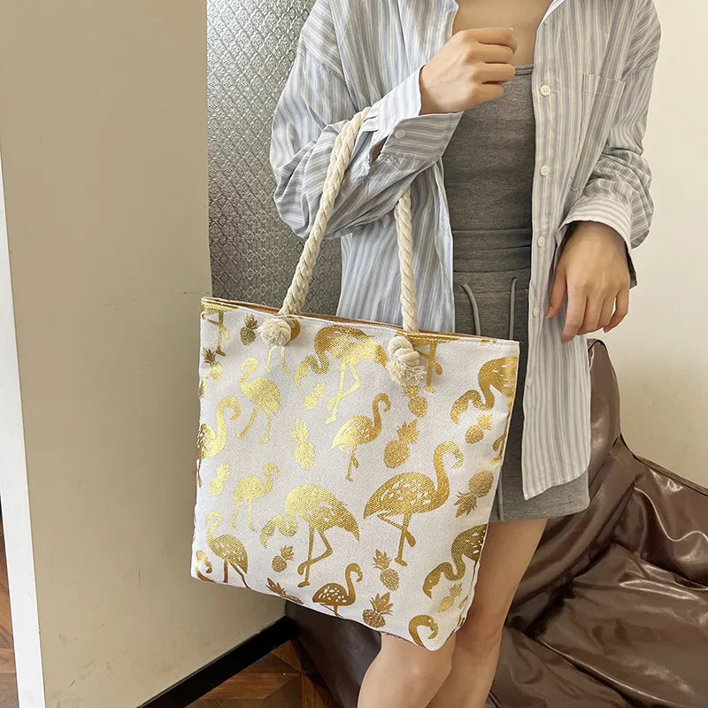 Bolso tote grande de lona con estampado de hojas, lunares y flamencos - imagen 9