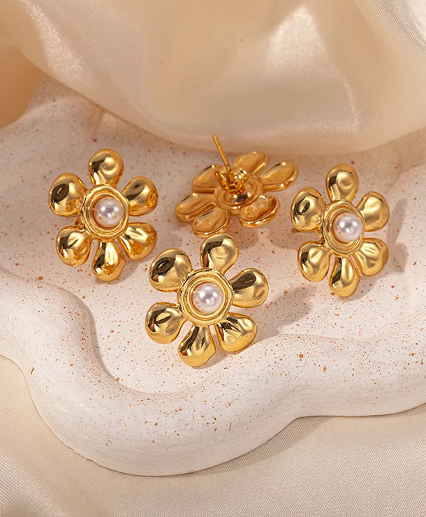 Aretes de flor con perla y baño dorado para mujer - imagen 2