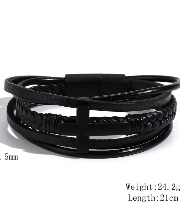 Brazalete punk geométrico para hombre con cadena de piel tejida - imagen 6