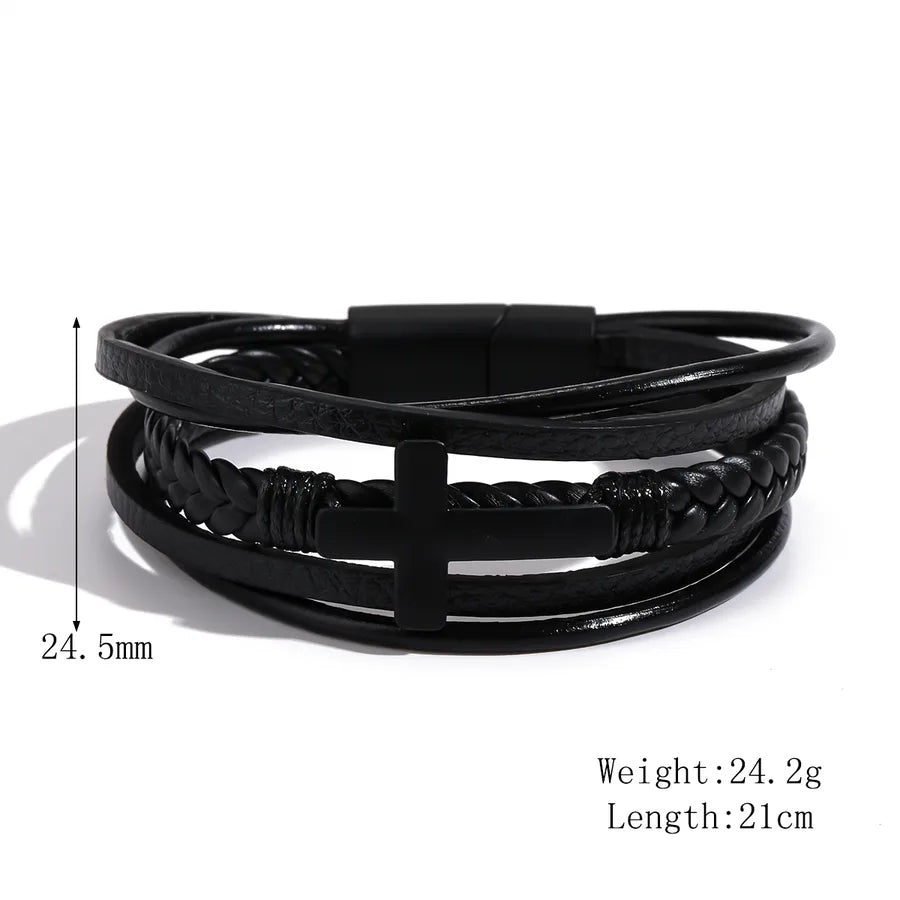 Brazalete punk geométrico para hombre con cadena de piel tejida - imagen 6