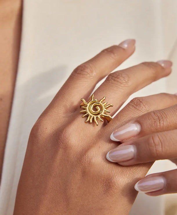 Anillo de acero inoxidable 304 con diseño de sol, hipoalergénico