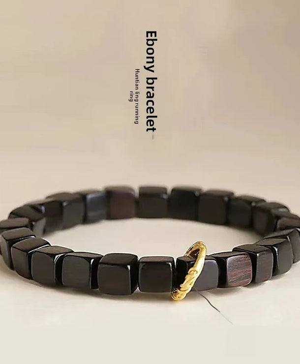 Pulsera de madera con cuentas negras, estilo natural unisex