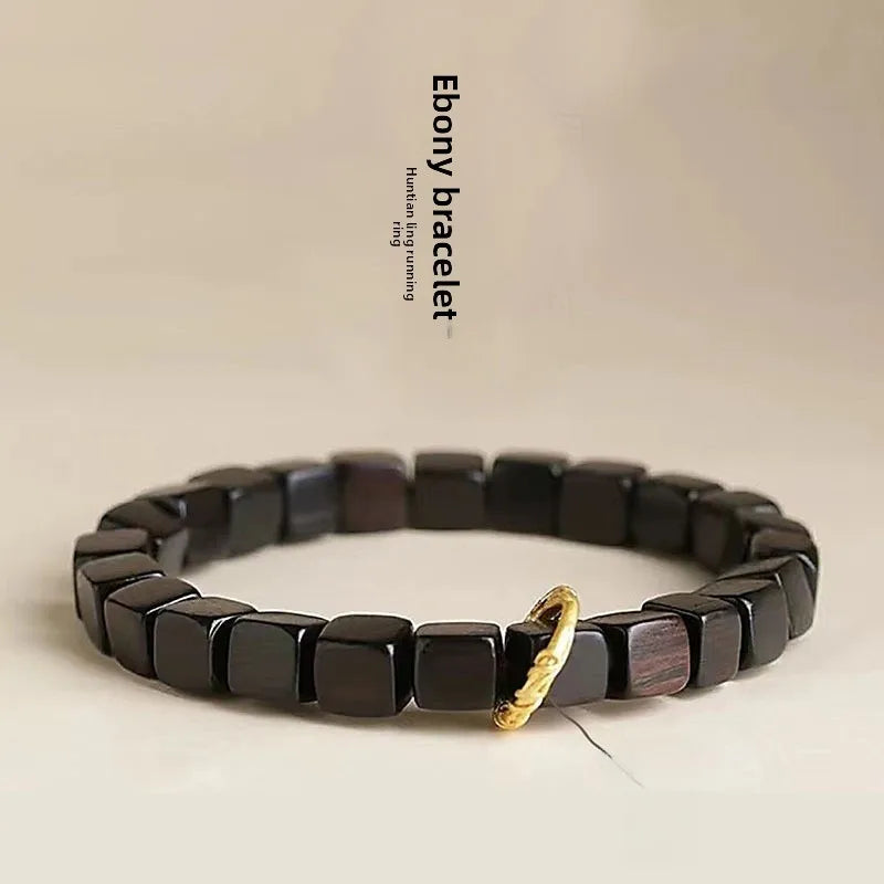 Pulsera de madera con cuentas negras, estilo natural unisex