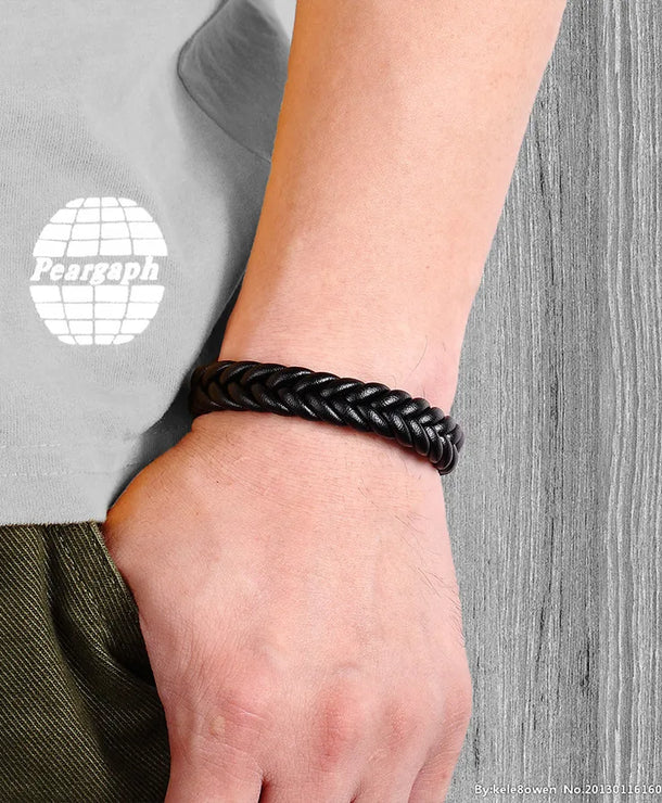 Pulsera de piel tejida y acero de titanio para hombre, estilo vintage - imagen 3