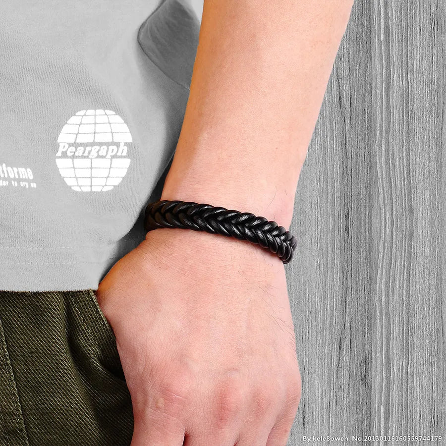Pulsera de piel tejida y acero de titanio para hombre, estilo vintage - imagen 3
