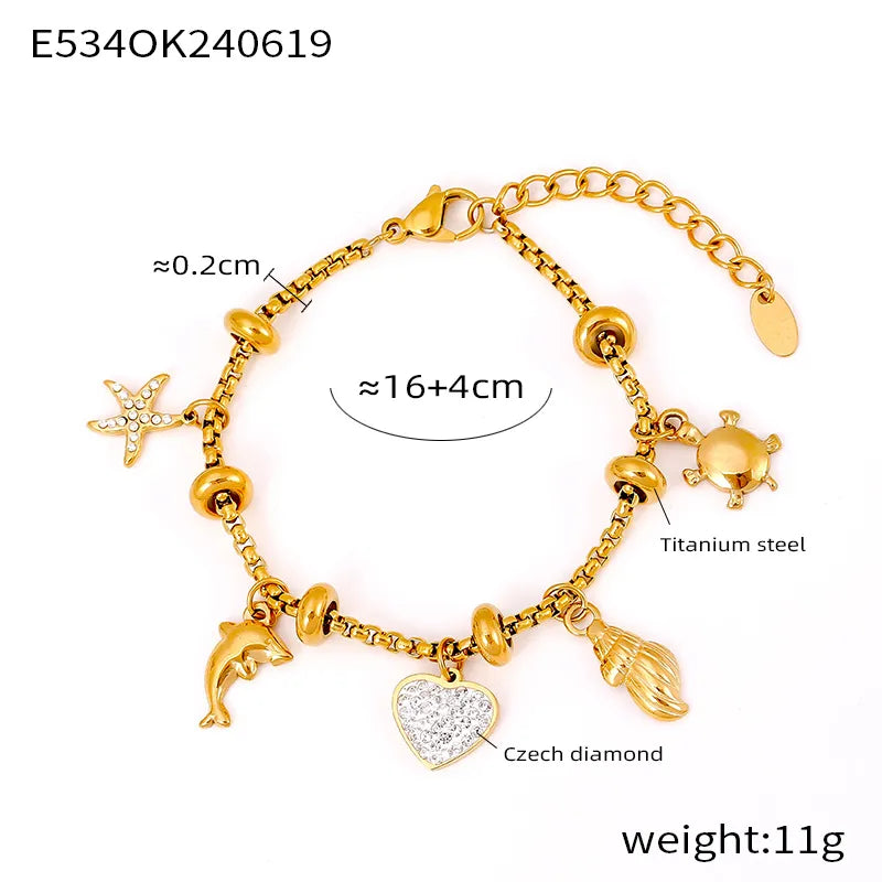 Pulsera de acero 304 con baño de oro 18K y dijes de cruz, estrella y corazón - imagen 13