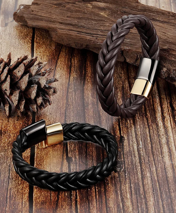 Pulsera de piel tejida y acero de titanio para hombre, estilo vintage
