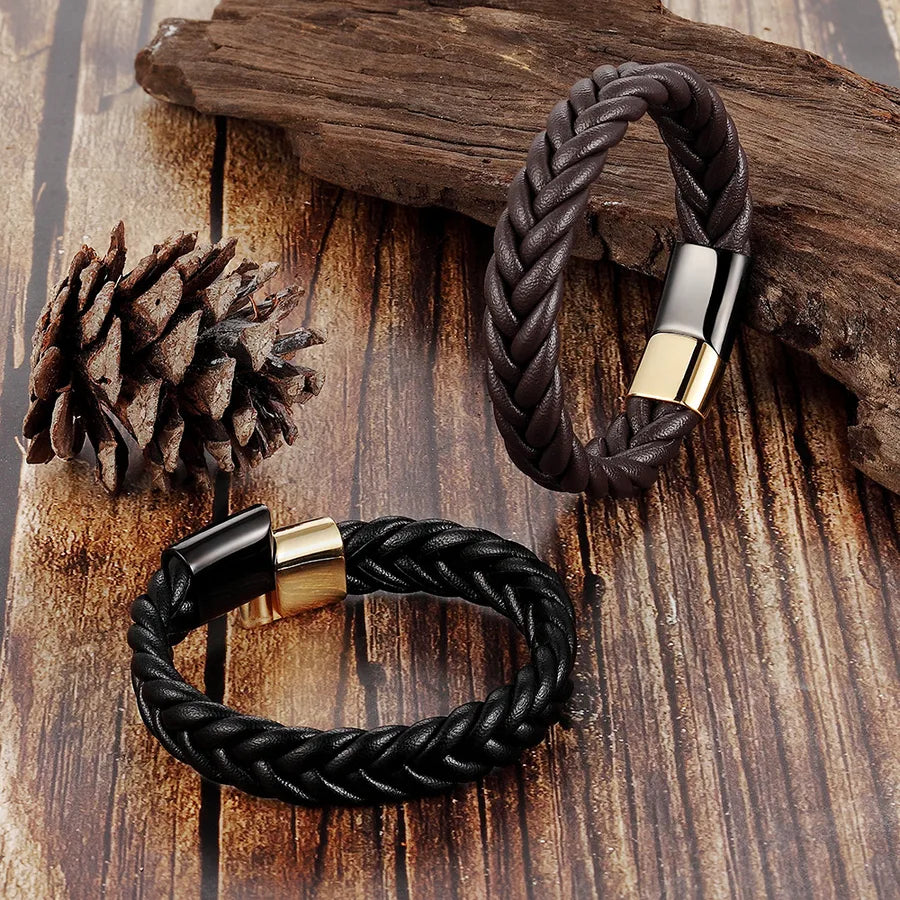 Pulsera de piel tejida y acero de titanio para hombre, estilo vintage