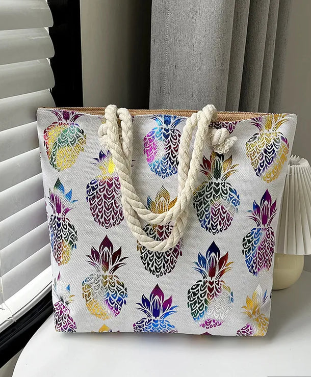 Bolso tote grande de lona con estampado de hojas, lunares y flamencos - imagen 6