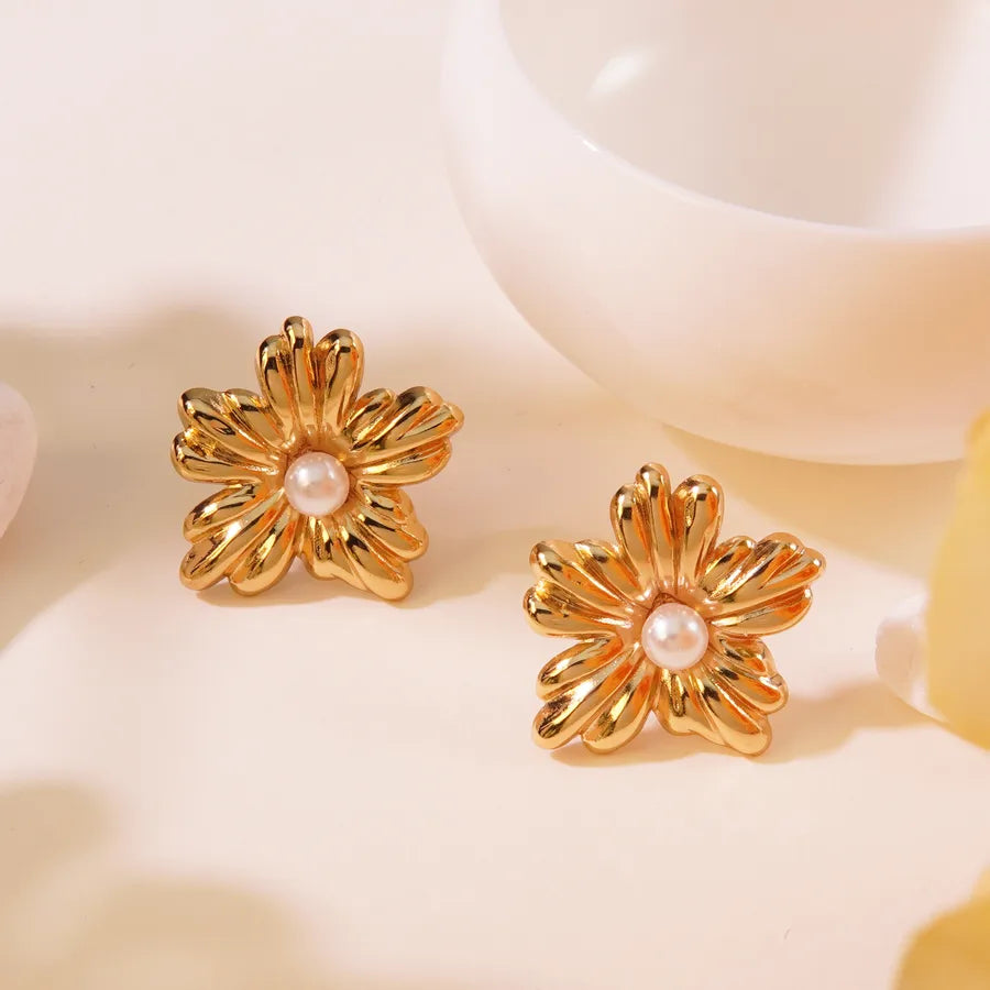 Aretes de botón de acero inoxidable 304 con diseño floral streetwear - imagen 21