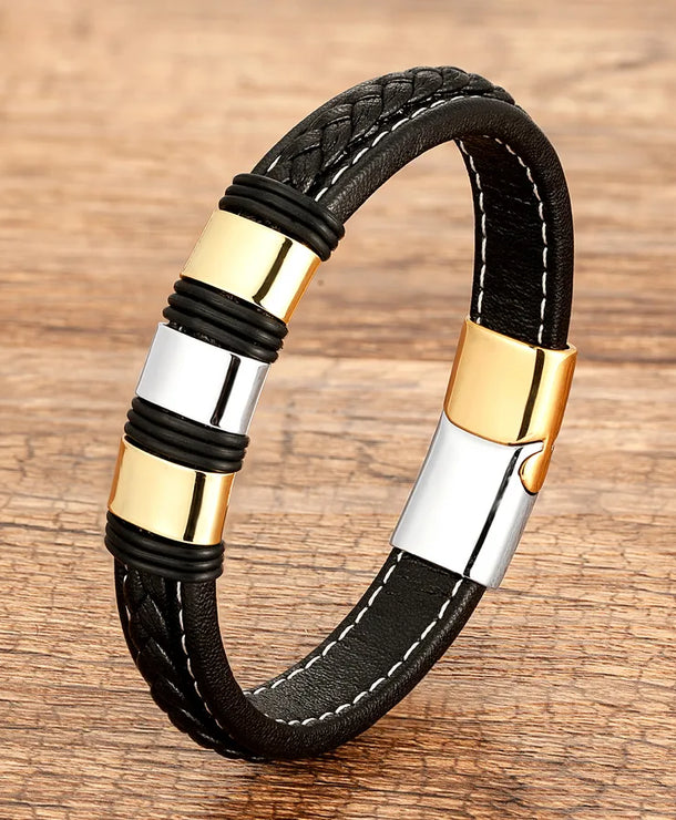 Pulsera geométrica de acero inoxidable 316 y piel para hombre - imagen 6