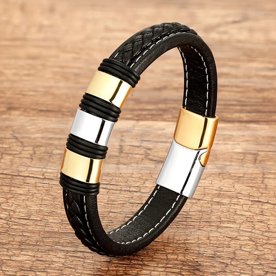 Pulsera geométrica de acero inoxidable 316 y piel para hombre - imagen 6