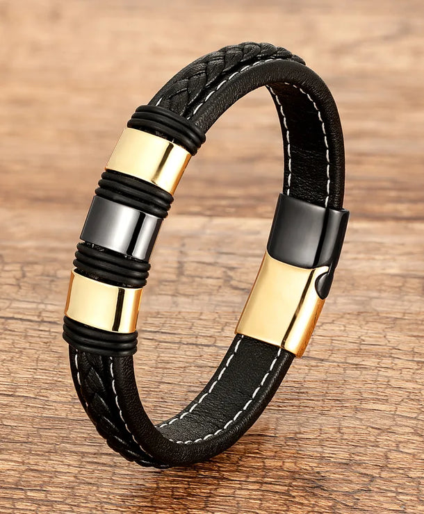 Pulsera geométrica de acero inoxidable 316 y piel para hombre - imagen 11
