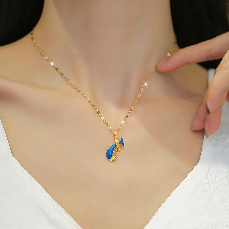 Collar con dije de delfín de acero y cobre con gemas para mujer - imagen 2