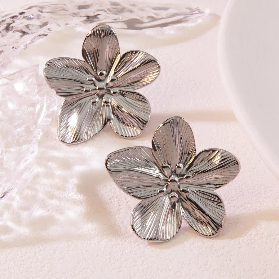 Aretes de botón de acero inoxidable 304 con diseño floral streetwear - imagen 4