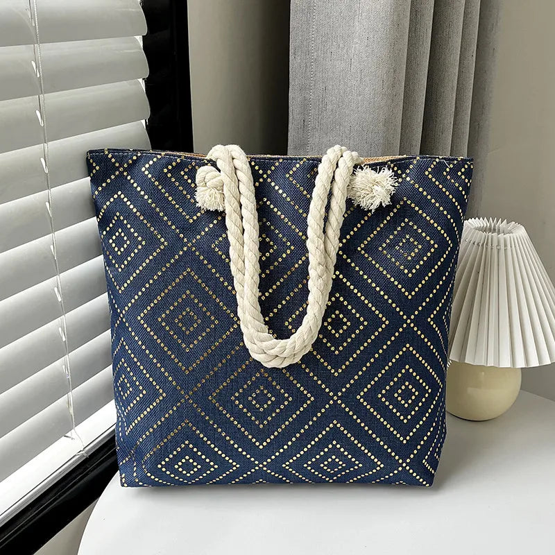 Bolso tote grande de lona con estampado de hojas, lunares y flamencos - imagen 17