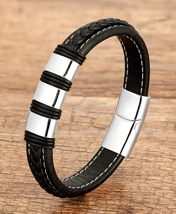 Pulsera geométrica de acero inoxidable 316 y piel para hombre - imagen 7