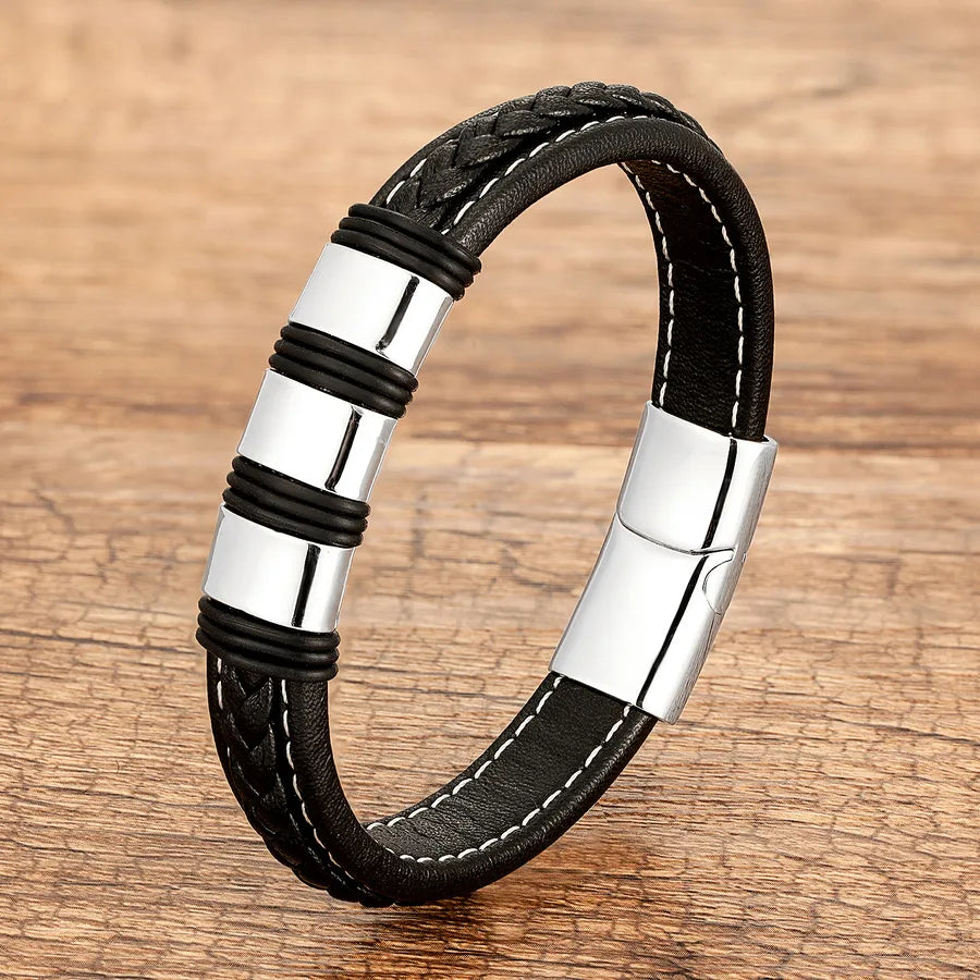 Pulsera geométrica de acero inoxidable 316 y piel para hombre - imagen 7