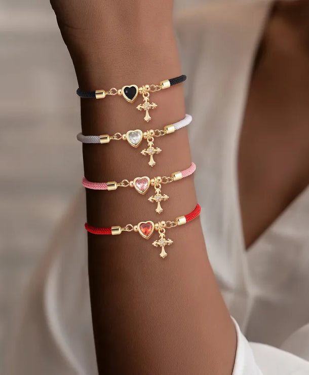 Pulsera de cordón con dijes de cruz y corazón en circonia para mujer