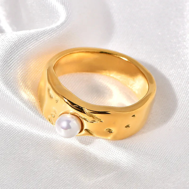 Anillo de acero inoxidable 304 con incrustación de perla, estilo retro - imagen 6