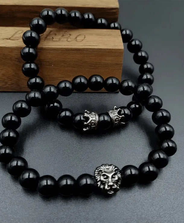 Set de 2 brazaletes de aleación negra con diseño de corona para hombre - imagen 4