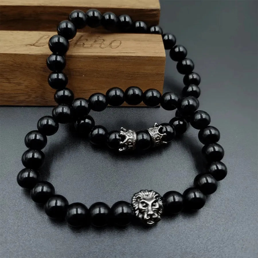 Set de 2 brazaletes de aleación negra con diseño de corona para hombre - imagen 4