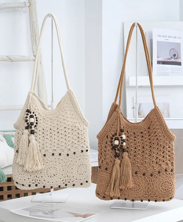 Bolso de paja calado en algodón para mujer, ideal para primavera