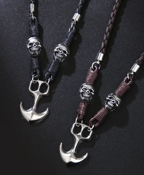 Collar de ancla y calavera con cuerda de piel tejida, estilo retro punk