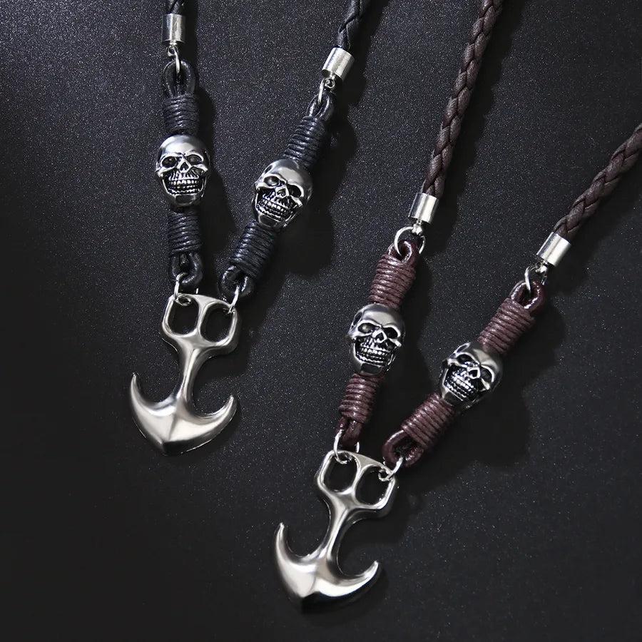 Collar de ancla y calavera con cuerda de piel tejida, estilo retro punk