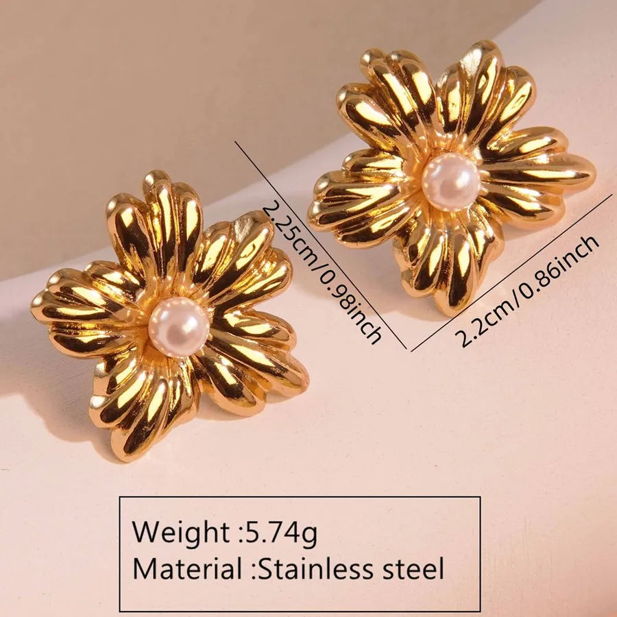 Aretes de botón de acero 304 con diseño de flores, estilo dulce - imagen 2