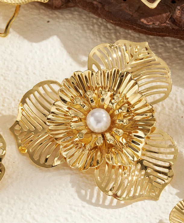 Aretes de botón de acero 201 con baño de oro 14K y diseño de flor - imagen 3