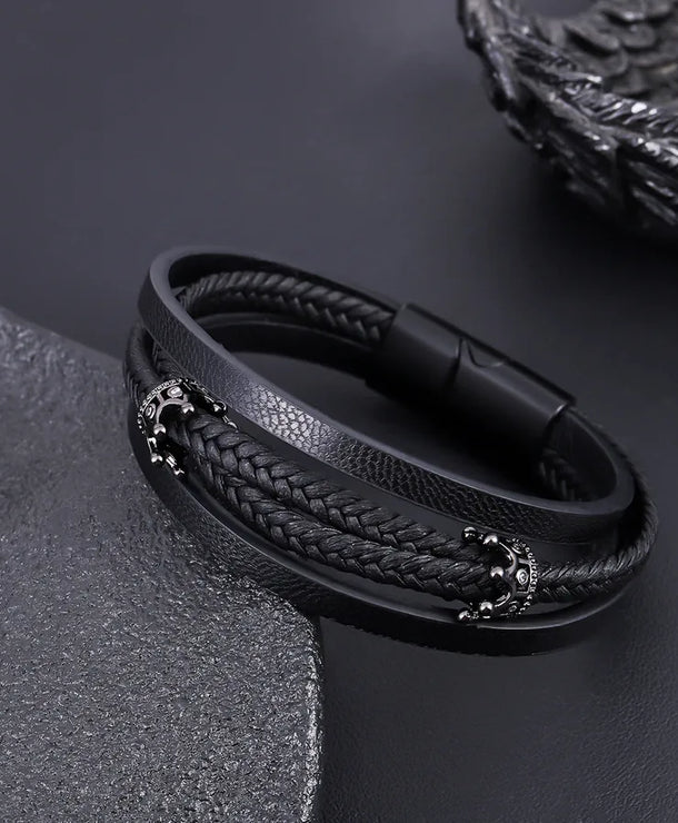 Pulsera de piel con dije de corona y broche magnético, unisex