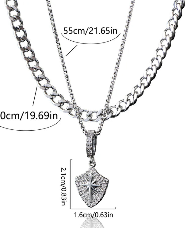 Collar doble de escudo sol y estrella con circonias para hombre - imagen 2
