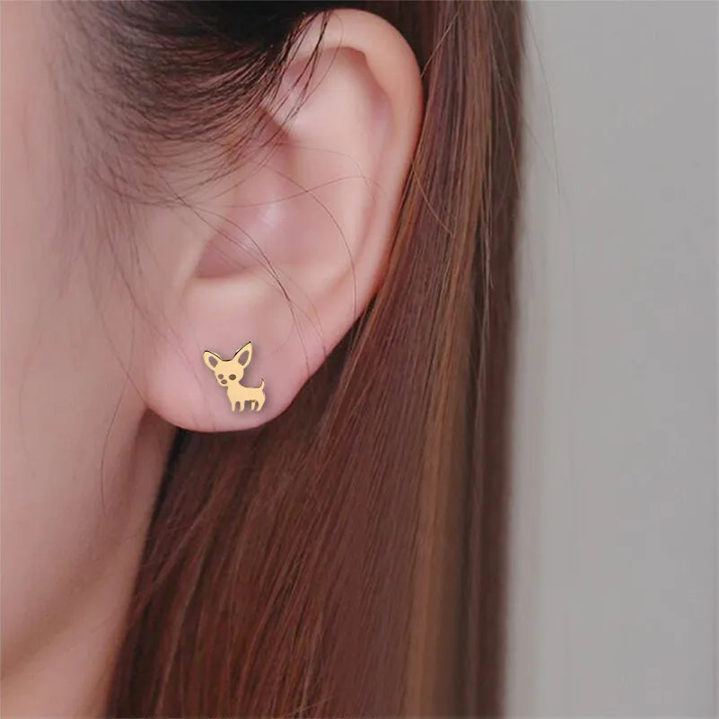 Aretes de botón de acero 304 con baño de oro 18K y diseño de perrito - imagen 2