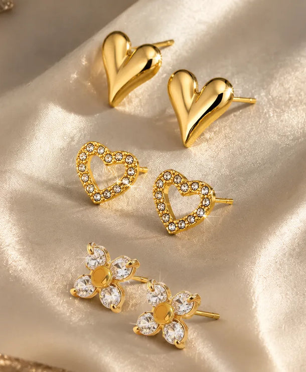 Aretes de acero 304 con diseño de corazón tridimensional y baño de oro 18K - imagen 4