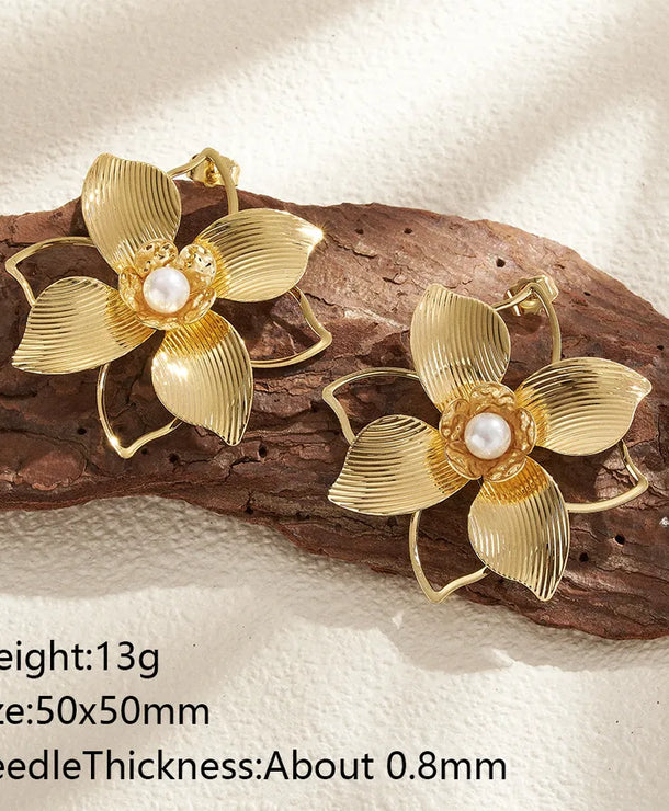 Aretes de botón de acero 201 con baño de oro 14K y diseño de flor - imagen 11