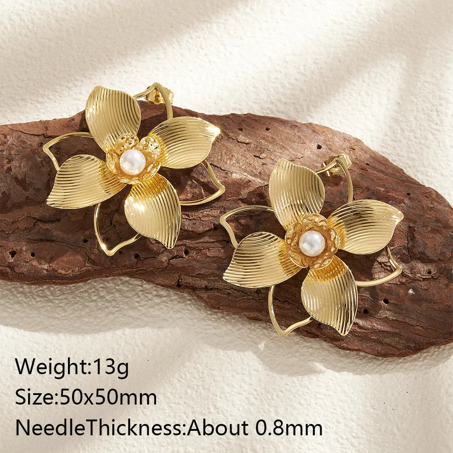 Aretes de botón de acero 201 con baño de oro 14K y diseño de flor - imagen 11