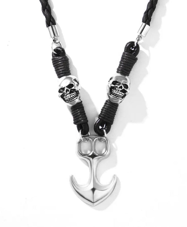 Collar de ancla y calavera con cuerda de piel tejida, estilo retro punk - imagen 3