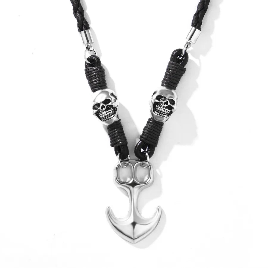 Collar de ancla y calavera con cuerda de piel tejida, estilo retro punk - imagen 3