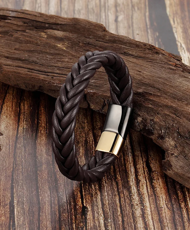 Pulsera de piel tejida y acero de titanio para hombre, estilo vintage - imagen 2