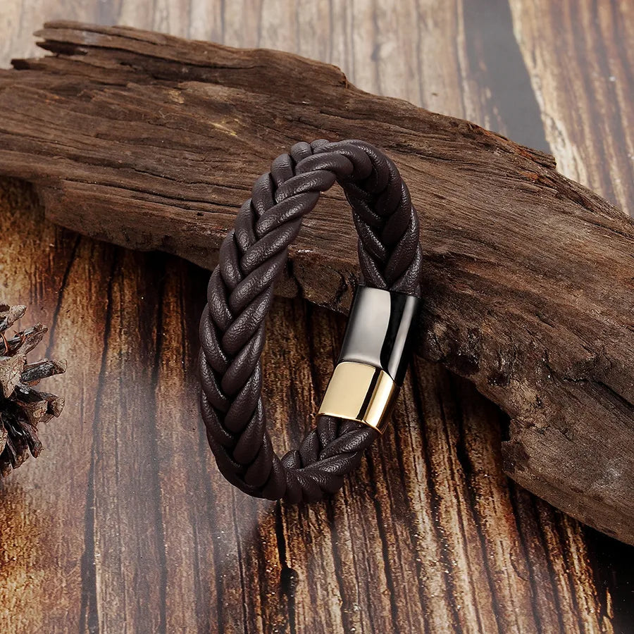 Pulsera de piel tejida y acero de titanio para hombre, estilo vintage - imagen 2
