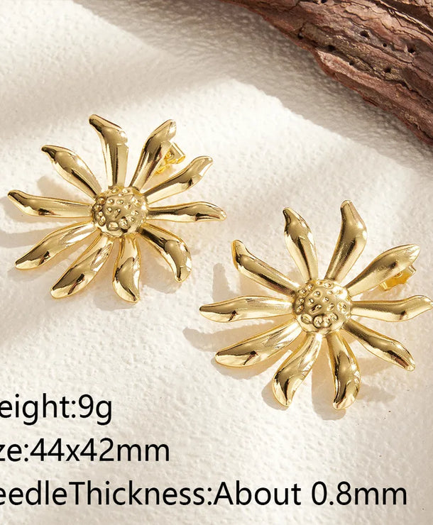 Aretes de botón de acero 201 con diseño de girasol, acabado pulido - imagen 5