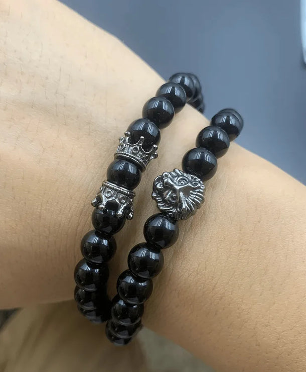 Set de 2 brazaletes de aleación negra con diseño de corona para hombre - imagen 3