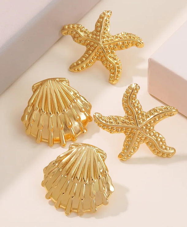 Aretes de botón de acero 304 con diseño de estrella de mar y concha