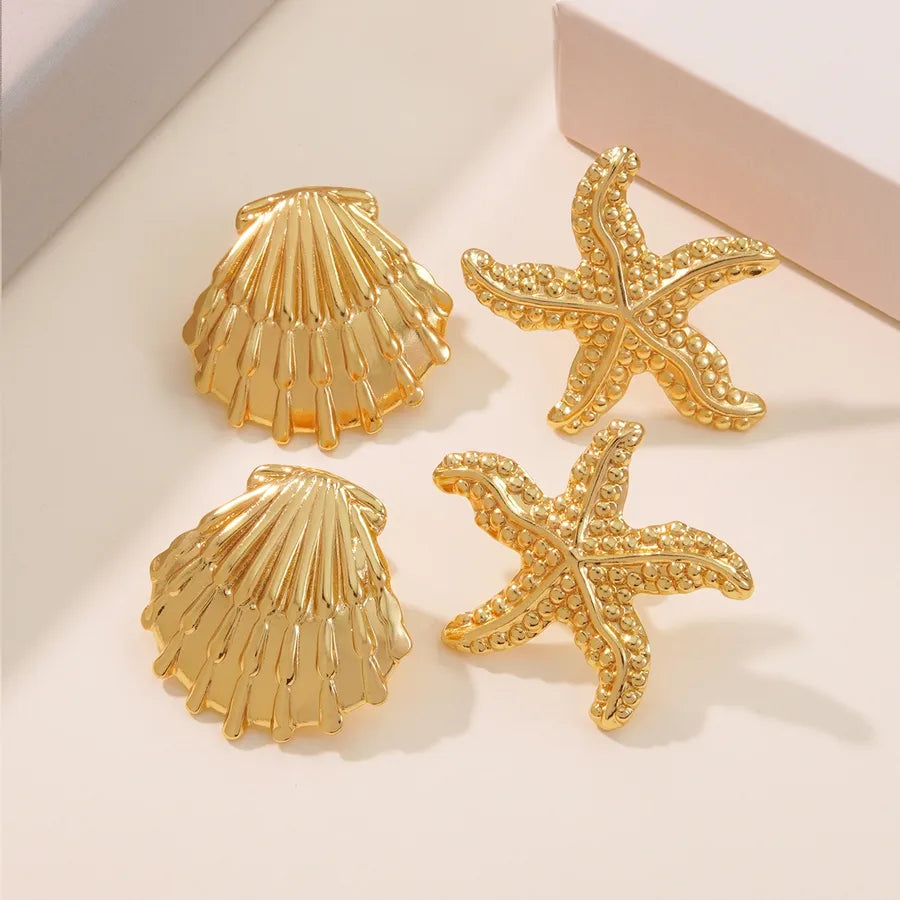 Aretes de botón de acero 304 con diseño de estrella de mar y concha - imagen 4